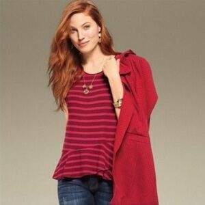 Cabi "Sweet Talk" Asymmetrical Peplum Hem Striped Tee